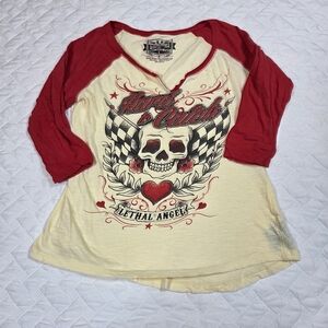 Lethal Angel Hard to Catch Skull Hot Rod Rockabilly Punk Raglan T Shirt L
